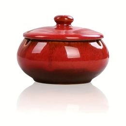 1pc Ceramic Ashtray, Gradient Red Indoor Or Outdoor Ashtray For Smoker, Desktop Smoking Ashtray, Home Office Decoration, Smoking Accessories
