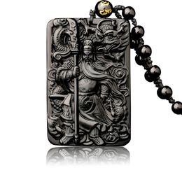 Natural Obsidian Pendant with Beads Chain Dragon Guan Gong Guan Yu Hold Broadsword Knight Pendant Necklace for Men women Jewelry 2300o