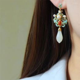 Dangle Earrings Retro Magnolia Flower Water Drop For Lady Bridal Wedding Accessories Ethnic Jewellery 925 Silver Women Jade Gift