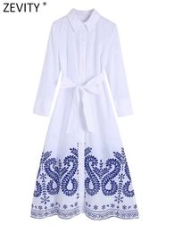 Dresses Zevity Women Fashion Hollow Out Blue Floral Embroidery Shirt Dress Office Lady Chic Long Sleeve Sashes Business Vestidos Ds322