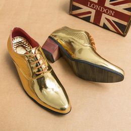 Dress Shoes 2023 Luxury Gold Men High Heel Leather Moccasins Designer Pointed Wedding Formal Big Size 46