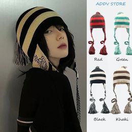 Beanie Skull Caps Parent child Knitted Wool Hat Striped Tassel Ear Protection Braid Children s Lei Feng Women s Winter Brimless Beanie 231216