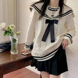 Dresses Qweek Navy Sailor Collar Sweater Kawaii Long Sleeve Jumpers Korean Style 2021 Casual Vintage Knitwear Lazy Oaf College Clothes