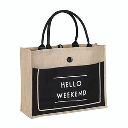 3 Colour European Style Female Hello Weekend Jute Cotton Handbags Women Big Size Beach Bag For Girls Printing Shoulder Bags 210326242g