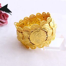 Heavy 70mm Ethiopian Coin Fashion Big Wide Bangle CARVE 18 K THAI BAHT SOLID G F Gold Dubai Copper Jewellery Eritrea Bracelet Open343D