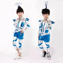 Stage Wear Boy Or Girl Space Robot Costume Blue Silver Cospaly Performance Dance Show Time Clothing For Kids