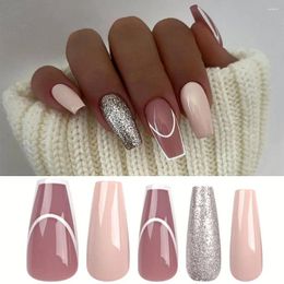 False Nails Long Ballerina Fashion Pink Glitter Silver Edge Fake French Full Cover Press On DIY