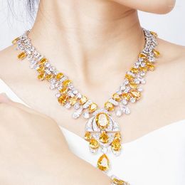 Necklace Earrings Set 2023 Luxury Design Big Cubic Zirconia Yellow Crystal Stone And For Bridal Wedding Party Wholesale