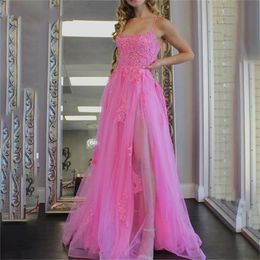 2024 Sexy Pink Evening Party Dress Spaghetti Strap High Split Lace Pp Back A Line Prom Formal Gown Celebrity Dresses New Arrival Robe De Soiree