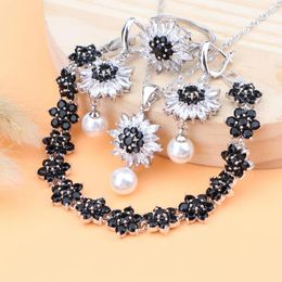 Pendants Bridal Pearls Sier Jewellery Sets Black Zircon Stone Earrings Bracelets Rings Pendant Wedding Jewellery Necklace Set for Women