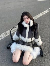 Two Piece Dress Short Fuax Fur Jacket Sets Women Lapel Winter Coat High Waist Warm Mini Skirts 2 Pieces Suits Vintage Female Thick OL 231216