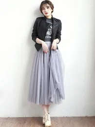 Skirts 2023 Autumn Winter Vintage Tulle Skirt Women Elastic High Waist Mesh Long Pleated Tutu Female