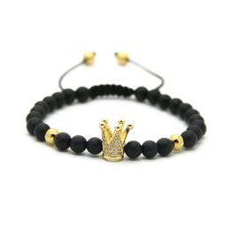 6mm Natural White Howlite Matte Agate Stone Copper Beads Gold And Silver Plated Crown Braided CZ Bracelet240p