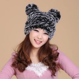 BeanieSkull Caps Real fur hat for ladies thicken kit warm winter sweet cat ear beanies Real rex rabbit Grey white hat women fur H436 231215