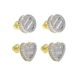 Stud Iced Out Bling Micro Pave CZ 5A Cubic Zircoina Round Heart Shaped Screw Back Earring Two Tone Colour Hip Hop For Women Jewelry291F