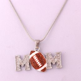 HS05 Mother's Day Gift zinc alloy Crystal football MOM pendant with wheat link chain lobster clasp necklace256B