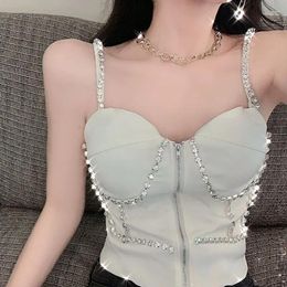 Women's Tanks Design Diamond-studded Short Camisole 2023 Sexy Zippered Sleeveless Vest Women Mainland China Tops Tank Top