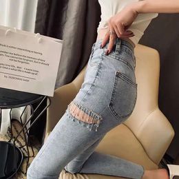 Jeans Hole Jeans Women's Spring and Summer Wear 2021 New Versatile High Waist Stretch Pants Leggings Capris Thin