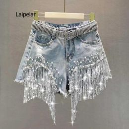 Jeans Female Denim Shorts 2021 Summer Wear New High Waist Slimming Heavy Beaded Sequin Fringed Ripped Wide Leg Pants Jeans Hot Pants