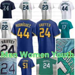 2023 Custom Ken Griffey Jr 44 Julio Rodriguez Kids Mens Baseball Jerseys JP Crawford Edgar Martinez Suzuki Ichiro Jarred Kelenic Kolten Wong Matt Brash City Connect