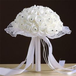 Rose Artificial Bridal Flowers Bride Bouquet Wedding Bouquet Crystal Lvory Silk Ribbon Holding Flower Bouquet Multicolor232z