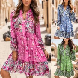 Casual Dresses Womens Vintage Ethnic Style Printed Dress Tassel Tie Neck Loose Fit Bohemian Tunic Elegant Floral Beach Holiday L5