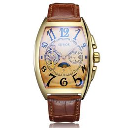 Vintage Skeleton Watch Men Automatic Mechanical Wristwatch Self Winding Leather Bracelet Moon Phase Male Clock Relogio Masculine297l