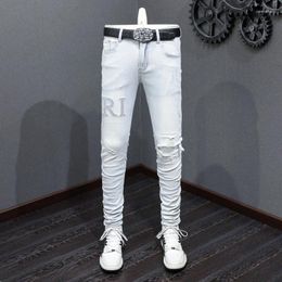 Men's Jeans High Street Fashion Men Retro Light Blue Stretch Skinny Fit Ripped Beading Patch Designer Hip Hop Brand Pants