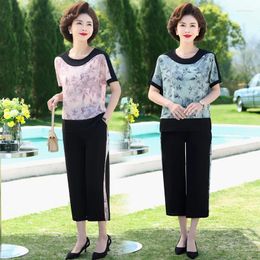 Women's Two Piece Pants Women's Chiffon Blouse Trousers 2023 Summer Floral Printed 2 Pieces Clothes Set Elegant Female Wide Legs Suits