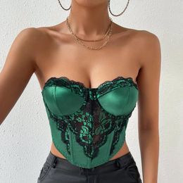 Women's Tanks Lace Strapless Crop Top Women Green Patchwork Short Backless Tank Off Shoulder Transparent Elegant Camisole Summer Sexy Club