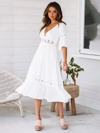 Women's Swimwear 2023 White Tunic Beach Long Dress Woman Bikini Cover Up Boho Sexy Hollow Lace V-Neck Maxi Dresses Summer Bathing Suit