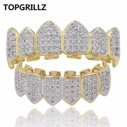 TOPGRILLZ Hip Hop GRILLZ Iced Out Zircon Fang Mouth Teeth Grillz Caps Top & Bottom Grill Set Men Women Vampire Grills2737