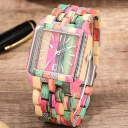 Wristwatches Colorful Square Full Wood Watch Quartz Men Women Watches Minimalist Dial With Calendar Retro Wooden Gifts For Dad Gra244B