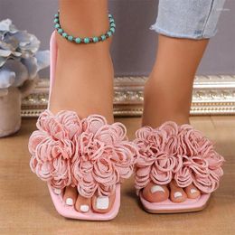 Slippers Flower Women Flats Open Toe Beach Flip Flops 2024 Summer Designer Square Sandals Elegant Dress Slides Mujer