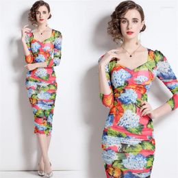 Casual Dresses Glam Trendy Multi Color Flower Printrd Summer Office Lady Dress Elastic Ruched Gauze Slim Waist Package Hip Sexy Vestido