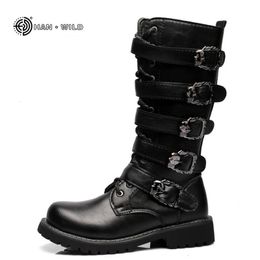 Boots Winter Men Motorcycle Boots Fashion Mid-Calf Punk Rock Punk Shoes Mens PU Leather Black High top Casual Boot Man 231216