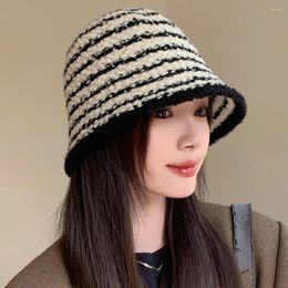 Berets Stripe Fisherman Cap Fashion Mixed Colour Warm Bucket Headdress Wool Plush Visors Winter