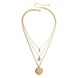 Pendant Necklaces Wholesale Fashion Jewellery Gold Colour Metal Crystal Sun Moon And Star Multilayer Triple Layered Necklace For Women