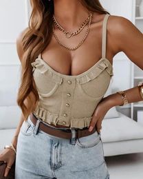 Women's Tanks Women Suspender Fashion Buttons Flounces Potholes Spring Summer Self-cultivation Temperament Apricot Sleeveless Pullover