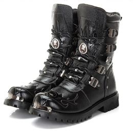Boots Winter Men Motorcycle Boots Fashion Mid-Calf Punk Rock Punk Shoes Mens Genuine Leather Black High Top Mens Casual Boot 38-46 231216