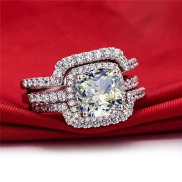 New Bridal Set Wedding Rings Sets 3 Carat Cushion Princess Cut Quality NSCD Synthetic Gem 3PC ring sets243I
