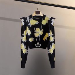 Women's Sweaters Autumn Winter Sequins Flower Soft Fabric Short Sweater Women Fashion Casual Long Sleeve O-Neck Ladies Pullover Knitted Clothes 231215