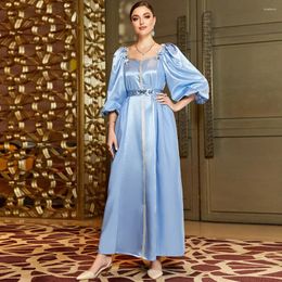 Ethnic Clothing Elegant Shiny Abaya Muslim Women Puff Sleeve Maxi Party Dress Dubai Turkey Kaftan Morocco Belted Caftan Islamic Jalabiya