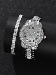 Other Watches 3PCS Set Silver Luxury Women Crystal Quartz Bracelet Wristwatch Ladies Dress Clock Relogio 231216