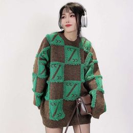 2023 Autumnand Y2k Streetwear Checkerboard Women New Fashion Trend Lazy Wind Casual Loose Pullover Sweater Coats Top