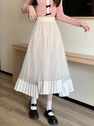 Skirts 2023 Fashion Design Irregular Hem Long Tulle For Women Korean A Line High Waist Pleated Midi Mesh Skirt Female