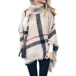 Women's Sweaters Sweater Boho Loose Tassel Plaid Poncho Turtleneck Jumper Knit Oversized Pullover Warm Elegant Fashion Tops For Women