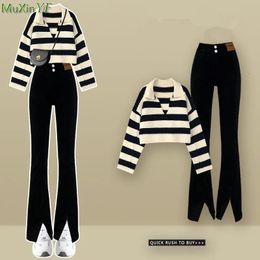 Womens Two Piece Pants Spring and Autumn Retro Striped Polo Knitted Top Casual Sweater Pulling Flash Set Ultra Thin Black Mens Dress 231216