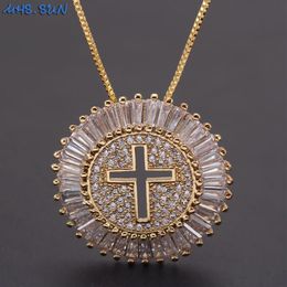 MHS SUN Luxury Round CZ Zircon Necklace Catholic Cross Pendant Chain Necklace Collier Femme Gold Color Jewelry Christmas Gift209Q