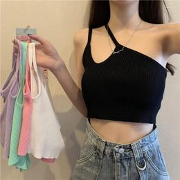 Women's Tanks Women Summer Ribbed Knitted Tank Top Sexy Irregular Cutout One Shoulder Camisole Spaghetti Strap Solid Color Casual Basic Vest